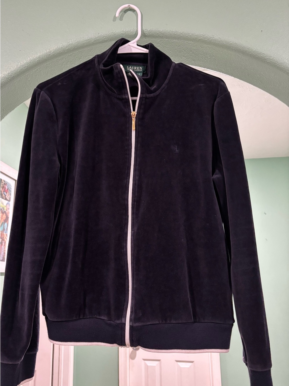 Lauren Ralph Lauren Navy Velvet Zip-Front Jacket with White Trim